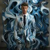 Men's Suits Blue Flame Trousers Suit 3D Digital Printing Party Stage Nightclub Shiny Cool Performance