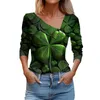 T-shirts femme décontracté mode saint-Patrick imprimé manches longues revers col en V bouton pull haut magasin officiel Ropa De Mujer