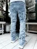 Herenbroek High Street Wit gestapelde jeans Uitgerekt patchwork Kwastje Beschadigd denim Heupbroek over de volledige lengte voor mannen