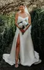 Scoop Satin Split Front Wedding Dresses Pearls Court Train Wedding Gown