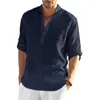 Men's Casual Shirts Cotton Linen Summer Thin Loose Blouse V Neck Long Sleeve Breathable Male Solid Color Tops