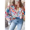 Blusas femininas outono moda lanterna impressa manga comprida com decote em v solto topo casual e confortável camisa de manga bolha