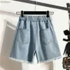 Shorts pour femmes bord de laine à lacets Chic jean court été jambe large Denim pantalon femmes élastique taille haute Pantalones Cortos décontracté ample VaquerosL240119