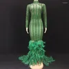 Palco desgaste elegante verde strass pena arrastando vestido longo mulheres cantor concerto passarela até o chão traje de dança natal