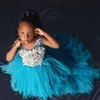 Blue Hi-Low Girls' Birthday Party Dresses Flower Girl Dresses Sheer Neck Beaded Lace Tiered Tulle Princess Queen Ball Gowns Little Kids Gowns for Wedding F029