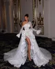 Luxurious Sexy A-Line Wedding Dresses One Shoulder Bateau Long Sleeve Lace Applique Beads Bridal Gowns Side Slit Sweep Train Robes De Vestido Customized H24118