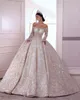 Luxurious Ball Gown Wedding Dresses Off Shoulder Long Sleeves Sequins Appliques Lace Robe De Mariee Custom Made Lace-Up Back Sweep Train Bride