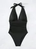 Wear Sexy Deep Vneck One Piece Swimsuit 2023 Women Solid Black Pleate Tummy Control Swimwear Summer Backless Bathing Suit Bodysuits