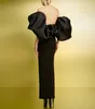 Elegant Long Sleeve Crepe Black Evening Dresses With Puff Sleeve/Slit Sheath Satin Strapless Pleated Zipper Back Ankle Length Prom Dress Party Dresses for Women