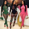 2024 Designer Sexy Mesh Patchwork Jumpsuits Women Spring Bodycon Rompers Long Sleeve See Through Leggings Overalls Party Night Club Wear Wholesales Clothes