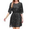 Freizeitkleider, Abendkleid, glänzende Pailletten, doppellagig, Gürtel, Abschlussball mit Fledermausärmeln, hohe Taille, für Damen, Club, Party, elegant, locker