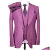 Mens Suits Blazers Italian Purple Blazer Set 3 Pieces Dress For Man Men Groom Slim Fit Business Elegant Formal Social Clothing Drop De Ot3Gx