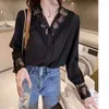 Vrouwen Blouses Elegante Stand Kraag Gesplitst Kant Prinses Mouw Shirts Kleding 2024 Lente Losse Koreaanse Tops Office Lady