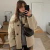 Women's Jackets Lamb Plush Jacket 2024 Winter Elegant Thicken Chic Horn Button Coat Gentle Fur Integrated O-neck Casual Outwear Female