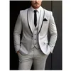 Men's Suits Grey Business Men 3 Piece Black Lapel Trimming Groomsman Wedding Party Prom Formal Occasion Tuxedos Jacket Vest Pants