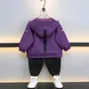 Ropa de diseñador para niños, chaqueta cortavientos púrpura para niño, cárdigan con capucha, chaquetas, bolsillos grandes, abrigo para niños