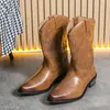 Pointed Mid Leg Men Boots PU Flat Bottomed Square Heel Men Western Cowboy Boots Embroidered Retro Fashion Knight Boots