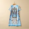 Women's Runway Dresses O Neck Short Sleeves Beaded Printed Hidden Zipper High Street Fashion A Line Mini Vestidos