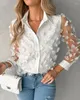 Women's Blouses Tops Elegant Solid Color Loose Fit Turn-down Collar Floral Pattern Button Long Sleeve Sheer Mesh Patch Top