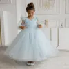 Vestidos de menina elegante azul claro com costas em v manga comprida tule vestido flor inchado para casamento criança primeira festa de aniversário eucarística