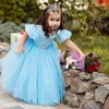 Robes de fille Simple robe de fleur bleue pour le mariage Tulle moelleux cristal cheville longueur arc enfants fête d'anniversaire première communion robes de bal