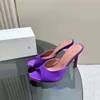 Amina Muaddi Sandálias 105mm Mulas de Cetim Chinelo Stiletto Salto Alto Sandálias Femininas Luxo Transparente Designer Dedo Aberto Deslizamento em Sapatos de Festa à Noite Calçados de Fábrica