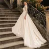 Vintage A-Line Satynowa suknia ślubna dla kobiety w szyku w szyku w szyku wielkiego rękawu Iluzja bez pleców Buton Bride Formal Suknie Vestido de novia