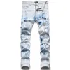 Мужские джинсы Мужские рваные узкие джинсы Slim Fit Denim Разрушенные джинсовые брюки в стиле хип-хоп для мужчин Вышивка в стиле пэчворк рваные для тренда Брендовые мотоциклетные брюки Мужские лыжные