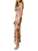 カジュアルドレス夏の女性ロングドレスy2kフラワープリントホルターネックノースリーブバックレスファッションフリルスリットスリップサンドレスビーチウェア