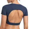 Camiseta feminina sem costas, top esportivo com almofada no peito destacável, roupa fitness casual com gola redonda