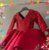 Vestidos de niña con cuello en V, manga larga, vestido de baile con lentejuelas, diseño de princesa plisado, Vestidos de fiesta de cumpleaños, vestido sólido de flores para niñas