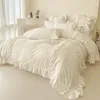 Bedding Sets Cream White Korean Style Princess Ruffles Set Solid Color Duvet Cover Bed Sheet Pillowcases Girls Wedding Home Textiles