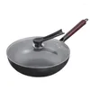 Pans Carbon Steel Wok Pan 32cm Stir-Fry With Wooden Lid Uncoated Flat Bottom Chinese For Induction Electric Gas All Stoves