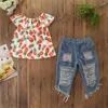 Kledingsets Peuter Kinderen Baby Meisjes Outfits Kleding Ananas Print Shirt Top Gat Jeans Set Meisjesjurk Mint