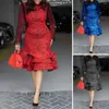 Casual Dresses High Elasticity Dress Elegant Multi-layered Ruffle Hem Sheath With Mesh Cuff Slim Fit For Prom Party Or Midi Length Event