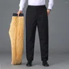 Men's Suits Solid Color Men Suit Trousers Straight Pants With Plush Lining Elastic Waist Business Style For Office