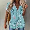 女性用ブラウス夏の半袖波状vネックプリントボタンシャツ女性用ドレッシーカジュアルレディースティーブルーサスホリデーワーク