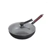 Pans Carbon Steel Wok Pan 32cm Stir-Fry With Wooden Lid Uncoated Flat Bottom Chinese For Induction Electric Gas All Stoves