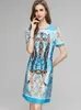 Women's Runway Dresses O Neck Short Sleeves Beaded Printed Hidden Zipper High Street Fashion A Line Mini Vestidos