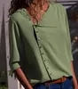 Capris ny modeknapp oregelbunden sned krage långsluten blusskjorta kvinnlig s2xl, svart, grön, grå, gul, rosa, vit, blå