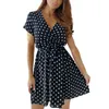 Vestidos casuais manga curta impresso polka dot lace up vestido mulheres verão midi comprimento