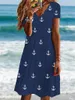 Casual Dresses Women's Fresh Style Wave Neck Slim Fit Short Sleeve Dressy Female Pullover Skirt 5XL Summer Small Boat Anchor Print Dress