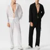 남성용 트랙 슈트 2 조각 세트 얇은 단단한 섹시한 원근감 깊은 V- 레이스 긴 슬리브 가디건 셔츠와 바지 패션 남성용 의류