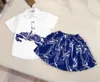 Brand girls tracksuits high quality baby dress suits Size 100-160 kids designer clothes Blue printed short sleeved top and skirt Jan20