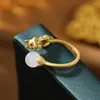 Cluster Rings Original Ancient Gold Craftsmanship Inlaid Natural Hetian Jade Round Beads Kitten Ladies Ring Opening Exquisite Jewelry