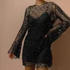 Casual Dresses Sexy Sequin Shiny Hollow Evening Dress Women V-neck Sling Suit Party Wedding Long Sleeve See Through A-Line Mini