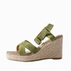 Sandaler äkta får Suede Leather Green Navy Open Toe Weaved Espadrilles Shoes Summer Höjd ökar Platfornkilarna