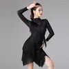 Stage Wear 2 Colors Tassel Latin Dance Dress Women Competition Costume Long Sleeve Chacha Modern Rumba Performance VDB4606