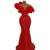 Árabe Dubai Sparkly Vermelho Seuqined Sereia Vestidos de baile com babados fora do ombro elegante luxo formal vestidos de festa longo vestido de noite de celebridade para mulheres 2024