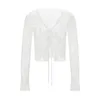 Blouses Femmes Femmes Été Dentelle Crop Tops Flare Manches Longues Cravate Avant Sheer Slim Cardigan Clubwear Y2k Beach Wear